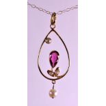 AN EDWARDIAN 15CT YELLOW GOLD LAVALIERE PENDANT set with tourmaline and pearls, with 9ct yellow gold