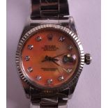 A LADIES ROLEX STEEL CASED CHRONOMETER WRISTWATCH with diamond studded mother of pearl dial,