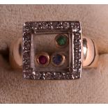 A 1970S LADIES 14K YELLOW GOLD AND DIAMOND SQUARE FORM RING with viewing panel holding an emerald,