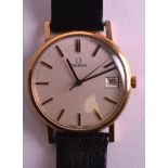 A 1970S GENTLEMANS 9CT YELLOW GOLD OMEGA WRISTWATCH with black leather strap and gold cased dial.