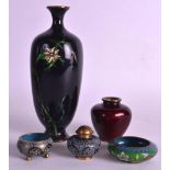 AN EARLY 20TH CENTURY JAPANESE MEIJI PERIOD CLOISONNE ENAMEL VASE together with four other cloisonné