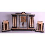 A FRENCH ART DECO CLOCK ONYX AND MARBLE CLOCK GARNITURE with chrome numerals. Mantel 1ft 7ins wide.
