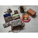 A VICTORIAN INLAID RECTANGULAR BOX together with various cameras, a dagger etc. (qty)