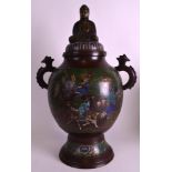 A LARGE 19TH CENTURY JAPANESE MEIJI PERIOD BRONZE AND CHAMPLEVE ENAMEL VASE AND COVER decorated with