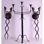 A PAIR OF ART NOUVEAU DESIGN TWIN WALL SCONCES together with a triple branch candelabra. (3)