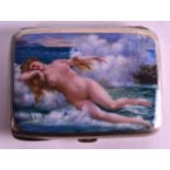 A GERMAN ART DECO SILVER AND ENAMEL CIGARETTE CASE painted with a female resting upon a rock