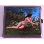 A GERMAN ART DECO WHITE METAL AND ENAMEL CIGARETTE CASE painted with a nude female holding flowers