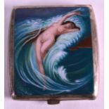 A GERMAN ART DECO WHITE METAL AND ENAMEL ALPACCA CIGARETTE CASE painted with a nude female amongst