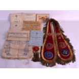 A GROUP OF VARIOUS MASONIC WARES including a sash, silk certificates etc, presented to Brother T