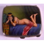 A GERMAN ART DECO WHITE METAL AND ENAMEL ALPACCA CIGARETTE CASE painted with a reclining female
