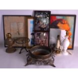 A BOX OF VARIOUS PORCELAIN, PRINTS, METAL WARE ETC. (qty)