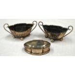 A PAIR OF VICTORIAN SILVER SALTS together with a Continental white metal snuff box. (3)