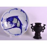 A 19TH CENTURY CHINESE BLUE AND WHITE BOWL painted with a fish, together with a twin handled