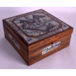 A 19TH CENTURY CHINESE HARDWOOD AND MOTHER OF PEARL SQUARE FORM BOX AND COVER depicting figures