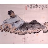 ATTRIBUTED TO FAN ZHENG (BORN 1938) An inkwork panel of a reclining scholar. 2Ft 10ins x 2ft 4ins.