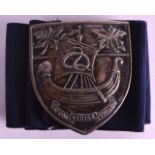 AN EARLY 20TH CENTURY SILVER PLATED NURSES BUCKLE unusually depicting a Viking boat in relief.