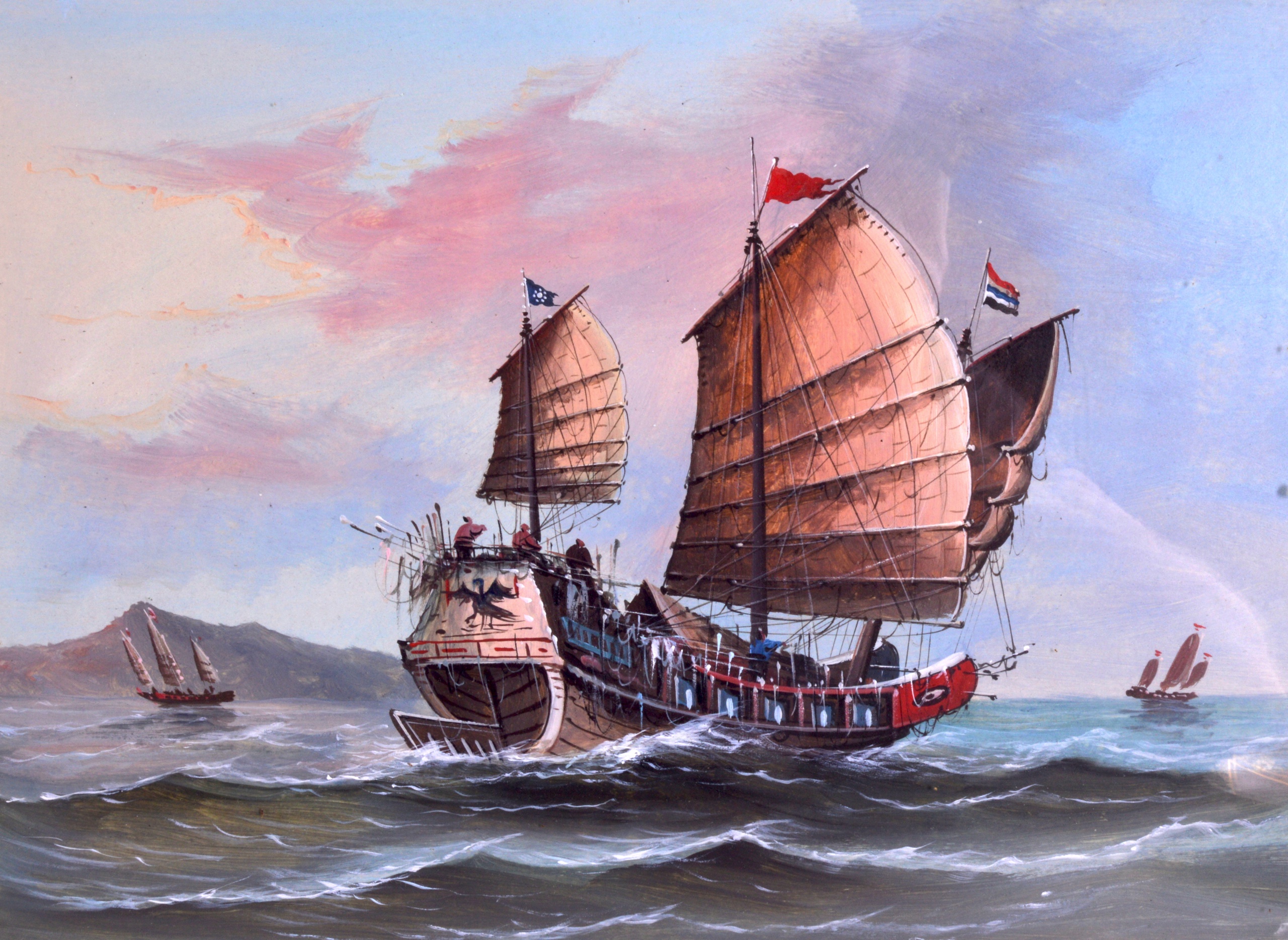 CHINESE SCHOOL (19TH CENTURY) A PAIR OF MARITIME SCENES Oil on canvas, depicting boats in full sail. - Image 3 of 3