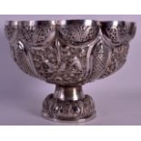 A GOOD 19TH CENTURY INDIAN SILVER LUCKNOW LOBED PEDESTAL BOWL decorated with figures and fish within