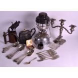 A TILLY LAMP, SILVER PLATED TEAPOT, CANDLESTICK etc. (qty)