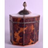 A SILVER PLATED FAUX TORTOISESHELL TEA CADDY of octagonal form, with acorn type finial. 4.75ins