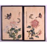 MENG YUAN (C1932) A PAIR OF FRAMED SILKWORK PANELS finely executed with butterflies amongst foliage.