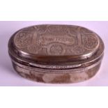 AN EARLY 19TH CENTURY DUTCH SILVER TOBACCO BOX AND COVER of oval form, the top inscribed A Van