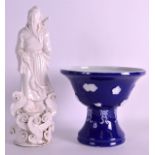 AN EARLY 20TH CENTURY CHINESE BLANC DE CHINE PORCELAIN FIGURE together with a Meiji period blue