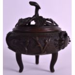 A 19TH CENTURY CHINESE BRONZE CENSER AND COVER overlaid with crustaceans and fish. 5.75ins wide.