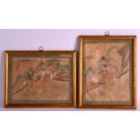 A PAIR OF CHINESE FRAMED SILKWORK PANELS depicting immortals within a landscape. Each 8.75ins x 6.