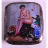 A GERMAN ART DECO WHITE METAL AND ENAMEL ALPACCA CIGARETTE CASE painted with a female with exposed