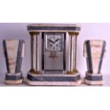 A FRENCH ART DECO CLOCK GARNITURE with square dial and bold numerals. Clock 1ft 4ins high. (3)