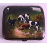A GERMAN ART DECO SILVER AND ENAMEL CIGARETTE CASE painted with three hounds beside a fallen deer