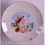 A LATE 19TH CENTURY MINTON ART POTTERY PLATE painted with a nude girl seated alone on a beach. 10Ins