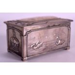 AN ART NOUVEAU MINIATURE SILVER CASKET decorated with two swans and a crown shaped motif. 3.5ins