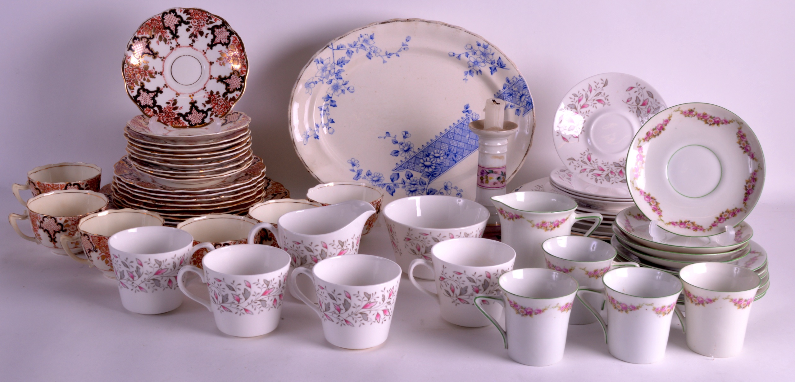 A SET OF SIX 19TH CENTURY ENGLISH DERBY STYLE TEACUPS AND SAUCERS together with other wares. (qty)