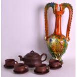 A CHINESE YIXING POTTERY TEAPOT AND COVER together with four matching teacups and saucers,