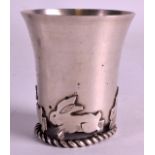 A LOVELY ARTS AND CRAFTS FRENCH SILVER PLATED BEAKER the base modelled with roaming rabbits. 2.75ins