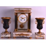 AN EARLY 20TH CENTURY FRENCH EMPIRE DESIGN MARBLE AND BRONZE CLOCK GARNITURE with floral painted