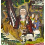 CHINESE SCHOOL (19TH CENTURY) SCHOLAR AND A TIGER within a landscape, Oil on canvas. 4Ft x 4ft