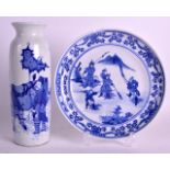 A LATE 19TH CENTURY CHINESE BLUE AND WHITE PLATE together with a blue and white porcelain Rolwagen