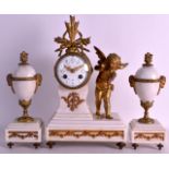 A LATE 19TH CENTURY FRENCH BRONZE AND WHITE MARBLE CLOCK GARNITURE with foliate painted dial.