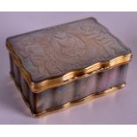 A FINE 18TH CENTURY YELLOW METAL AND MOTHER OF PEARL SNUFF BOX probably gold, carved with a pair