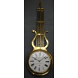 A LOVELY FRENCH GILT LYRE DISPLAY CLOCK 'HORLOGER CONSTRUCTEUR with large white enamel dial and