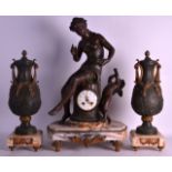A LARGE EARLY 20TH CENTURY SPELTER CLOCK GARNITURE modelled as a female beside a winged cupid, the
