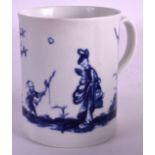 A GOOD 18TH CENTURY WORCESTER MUG painted with two Oriental figures and birds. 3.75ins high.
