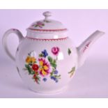 AN 18TH CENTURY BOW TEAPOT AND COVER painted with European style flowers under a red dot and loop