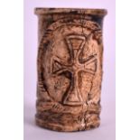 A RARE 13TH CENTURY FRENCH CARVED QUILL HOLDER decorated with saints and a central motif. 2.75ins
