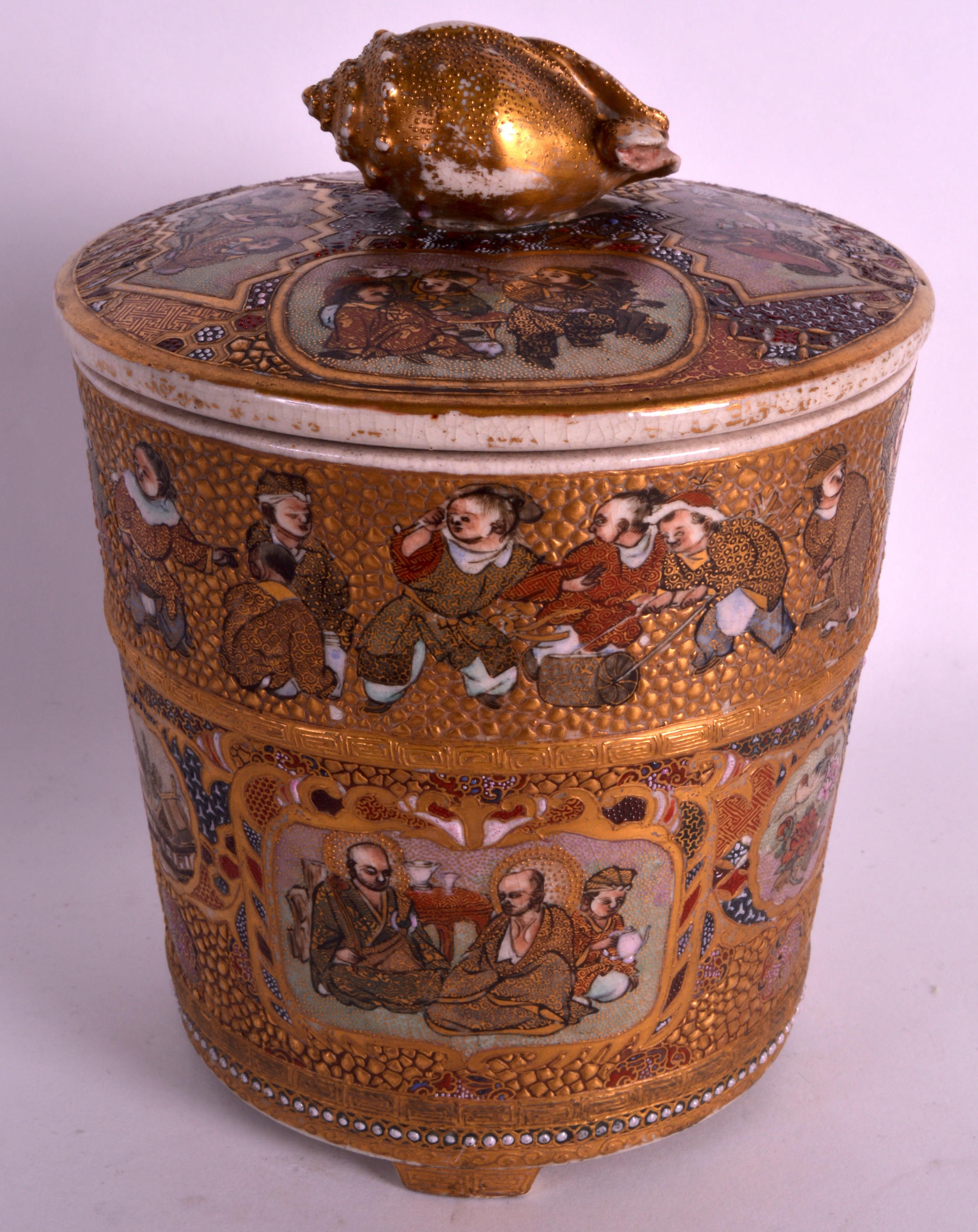 A 19TH CENTURY JAPANESE MEIJI PERIOD SATSUMA BOX AND COVER painted with figures within panels. 6.