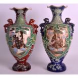 A PAIR OF EARLY 20TH CENTURY JAPANESE MEIJI PERIOD SATSUMA VASES painted with a samurai within a