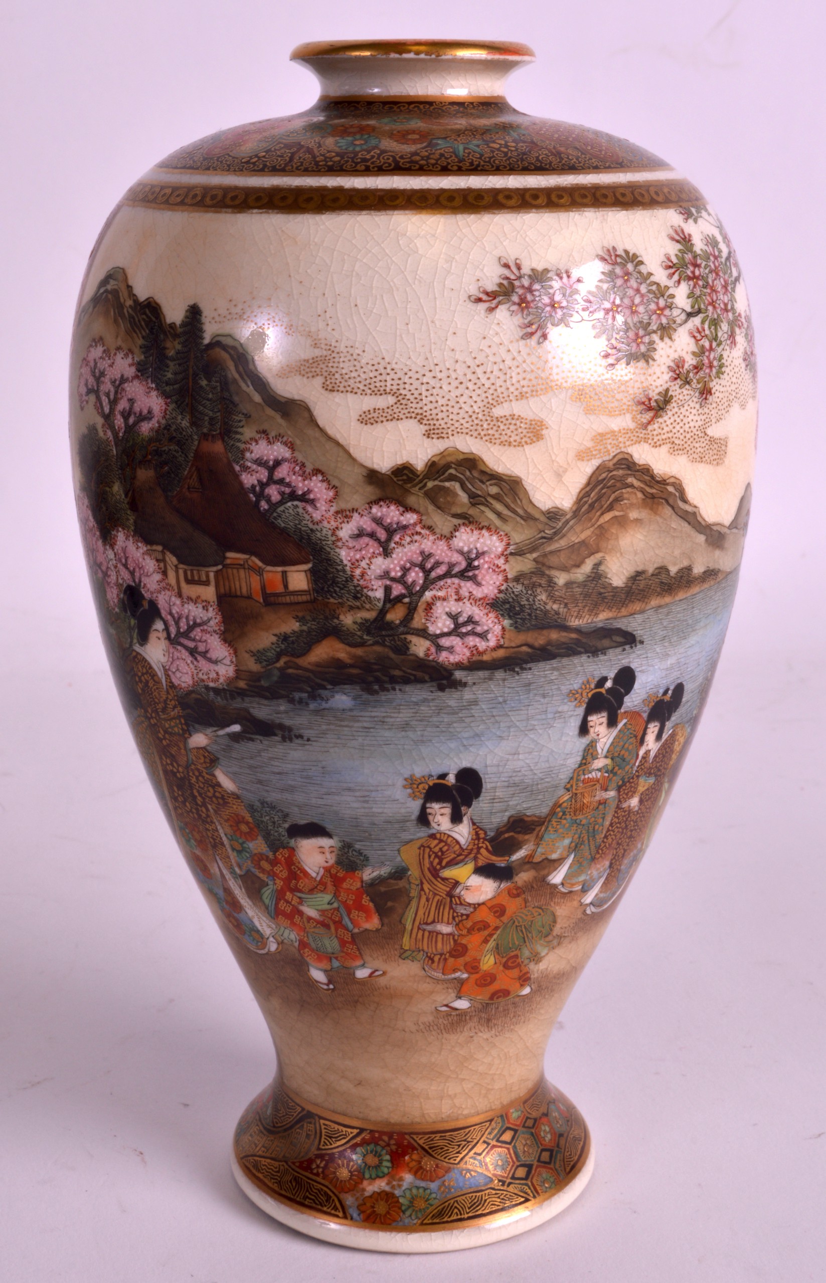 A FINE LATE 19TH CENTURY JAPANESE MEIJI PERIOD SATSUMA VASE by Ryozan, painted with geishas beside a